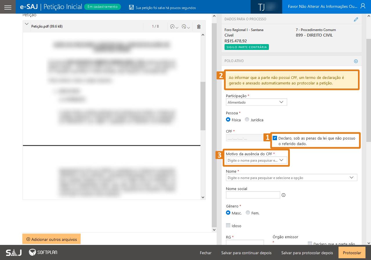 opcao de declarar que nao possui cpf ou cnpj